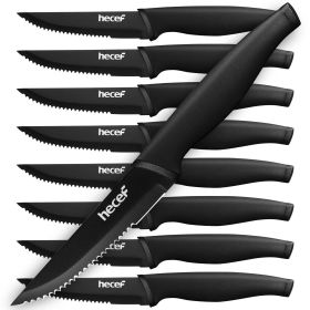 Hecef Black Oxide Steak Knife Set of 8, Ultra-Sharp High Carbon Stainless Steel Serrated Knives with PP Handle