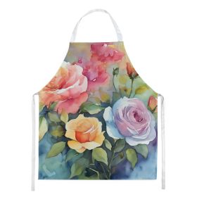 Roses in Watercolor Apron Cooking Kitchen Server Baking Crafts Gardening for Adult Women Men, Unisex, Large, Multicolor