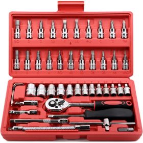 46 Pieces 1/4 inch Drive Socket Ratchet Wrench Set, with Bit Socket Set Metric and Extension Bar for Auto Repairing and Household, with Storage Case