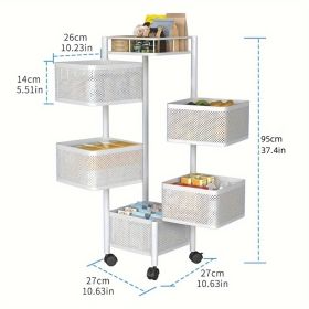 Rotating Kitchen Storage Shelf 5 Tier, Metal Fruit Vegetable Storage Basket Multi-Layer Vegetable Rack Storage Trolley on Wheels (Color: White, size: 5th floor)